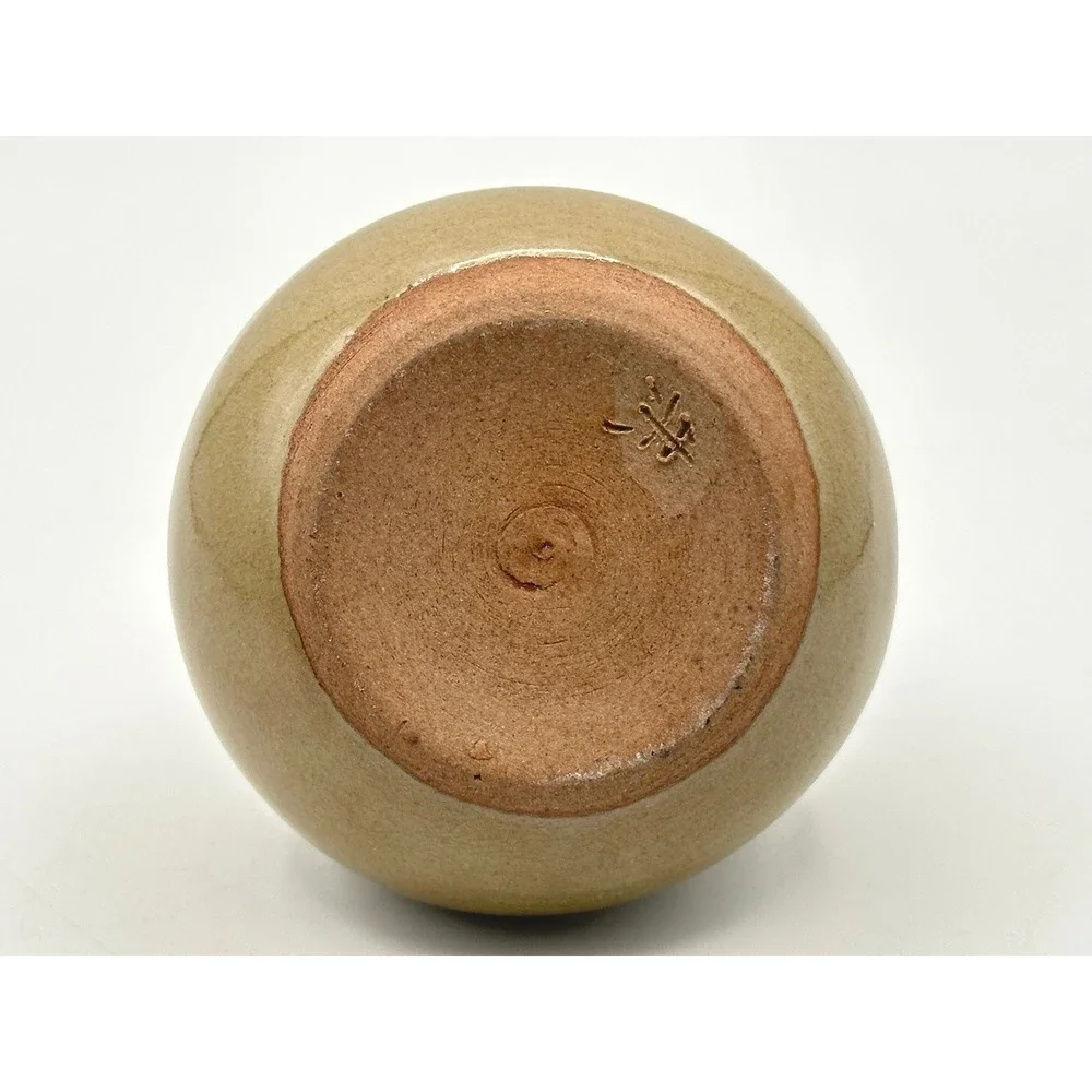 Vintage Studio Pottery Bud Vase Signed Tan Ceramic Floral Round Small 3.5in